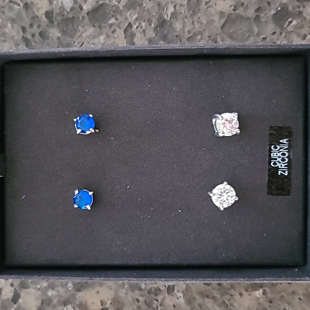 2 sets of cubic zirconia earrings,  clear and blue